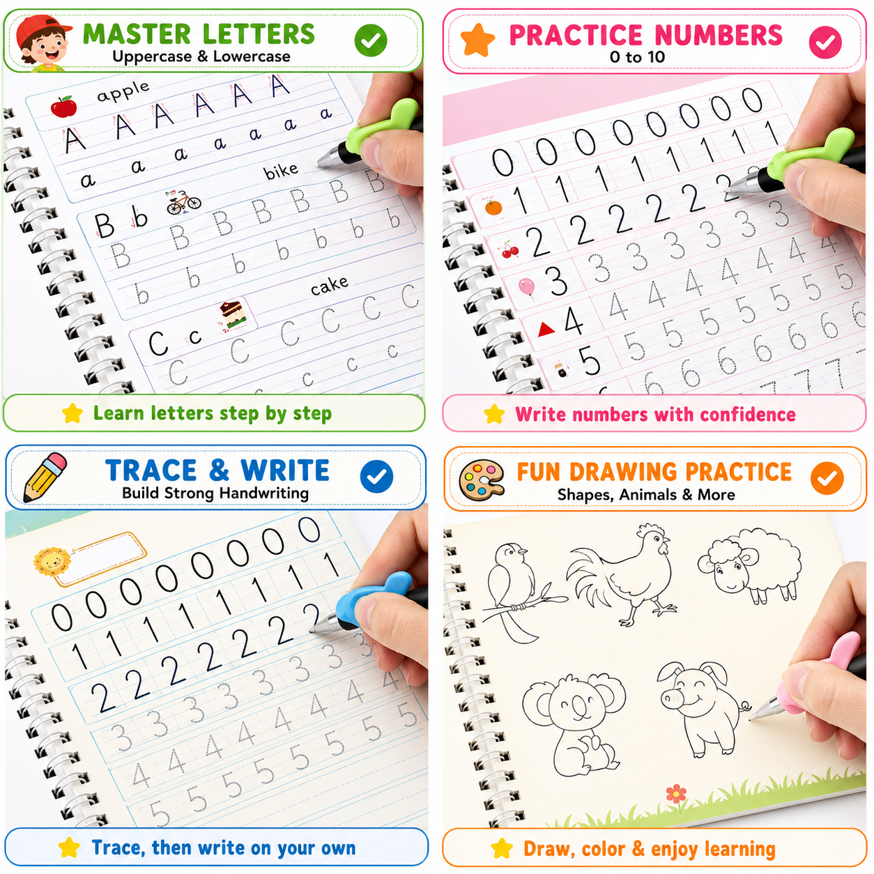CoCokart Magic Practice Copybook Set ( 4 REUSEABLE BOOKS + 10 REFILL + PEN )