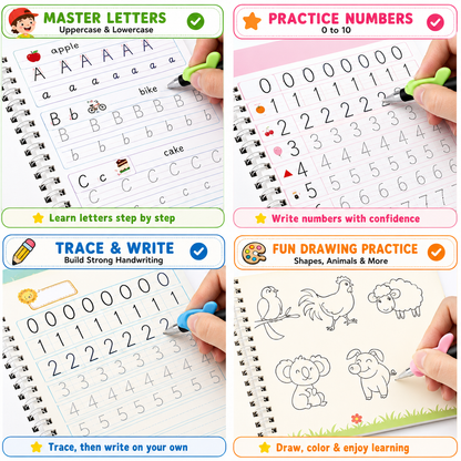 CoCokart Magic Practice Copybook Set ( 4 REUSEABLE BOOKS + 10 REFILL + PEN )